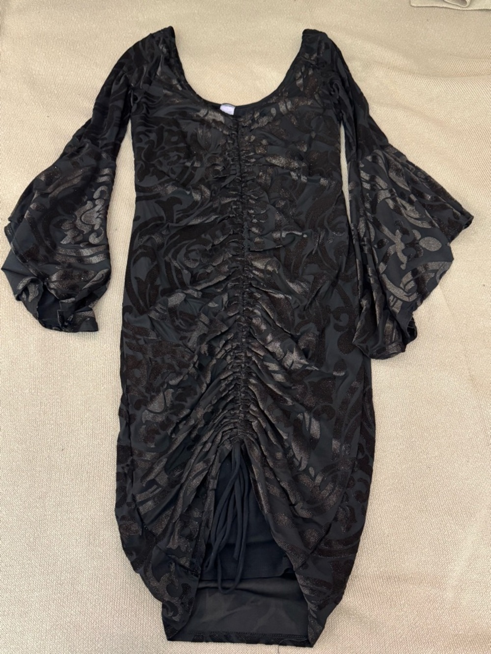 Black Ruched Scoop-Neck Dress with Bell Sleeves - Picture 3 of 7
